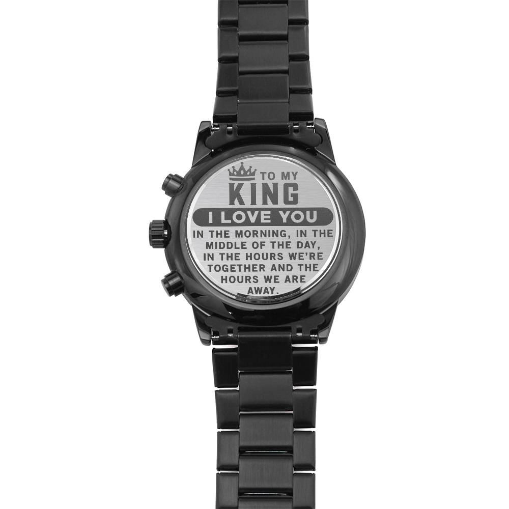 Engraved Design Black Chronograph Watch, To my man, I love you in the morning, in the middle of the day