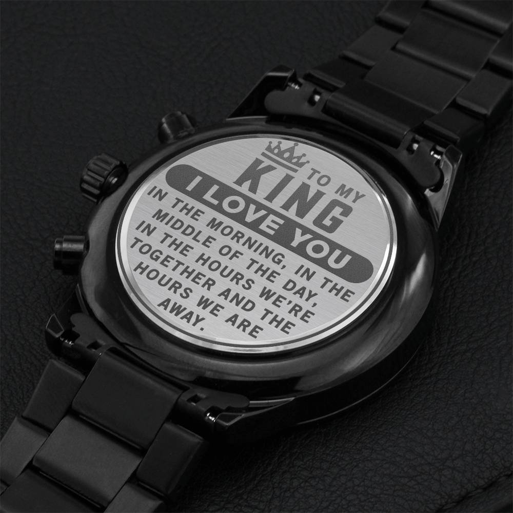 Engraved Design Black Chronograph Watch, To my man, I love you in the morning, in the middle of the day