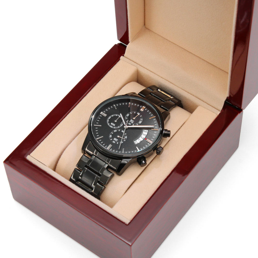 Engraved Design Black Chronograph Watch, To Husband, You Make Me So Proud To Be Your Wife
