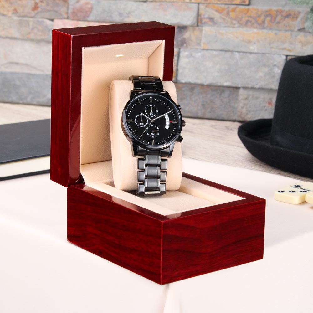 Engraved Design Black Chronograph Watch, To Husband, You Make Me So Proud To Be Your Wife