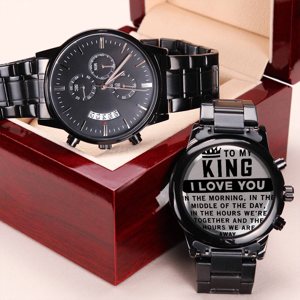 Engraved Design Black Chronograph Watch, To my man, I love you in the morning, in the middle of the day