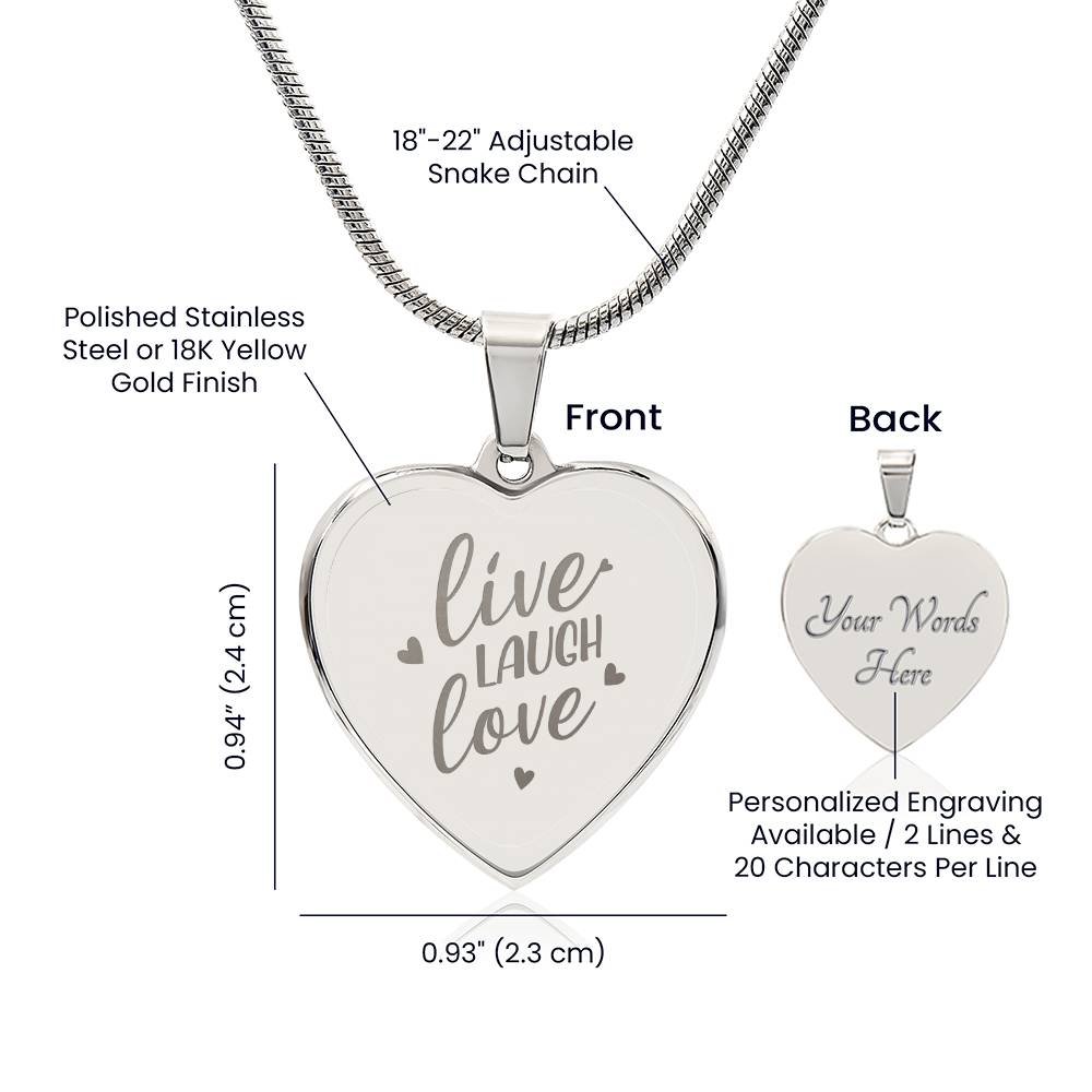 Engraved Heart Necklace, Live Laugh Love