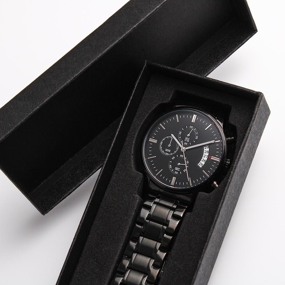 Engraved Design Black Chronograph Watch, To Husband, You Make Me So Proud To Be Your Wife