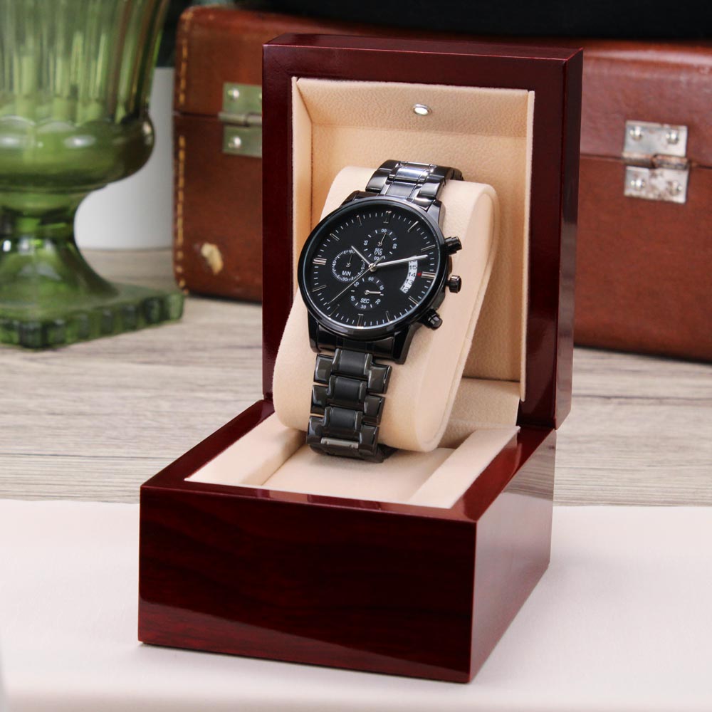 Engraved Design Black Chronograph Watch, To Husband, You Make Me So Proud To Be Your Wife