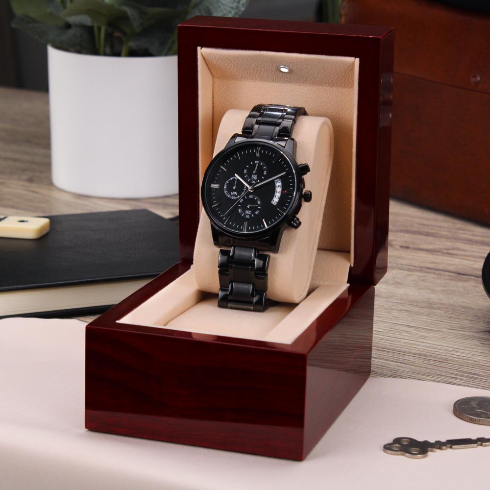 Engraved Design Black Chronograph Watch, To Son, Life Is Filled Wit Hard Times And Good Times