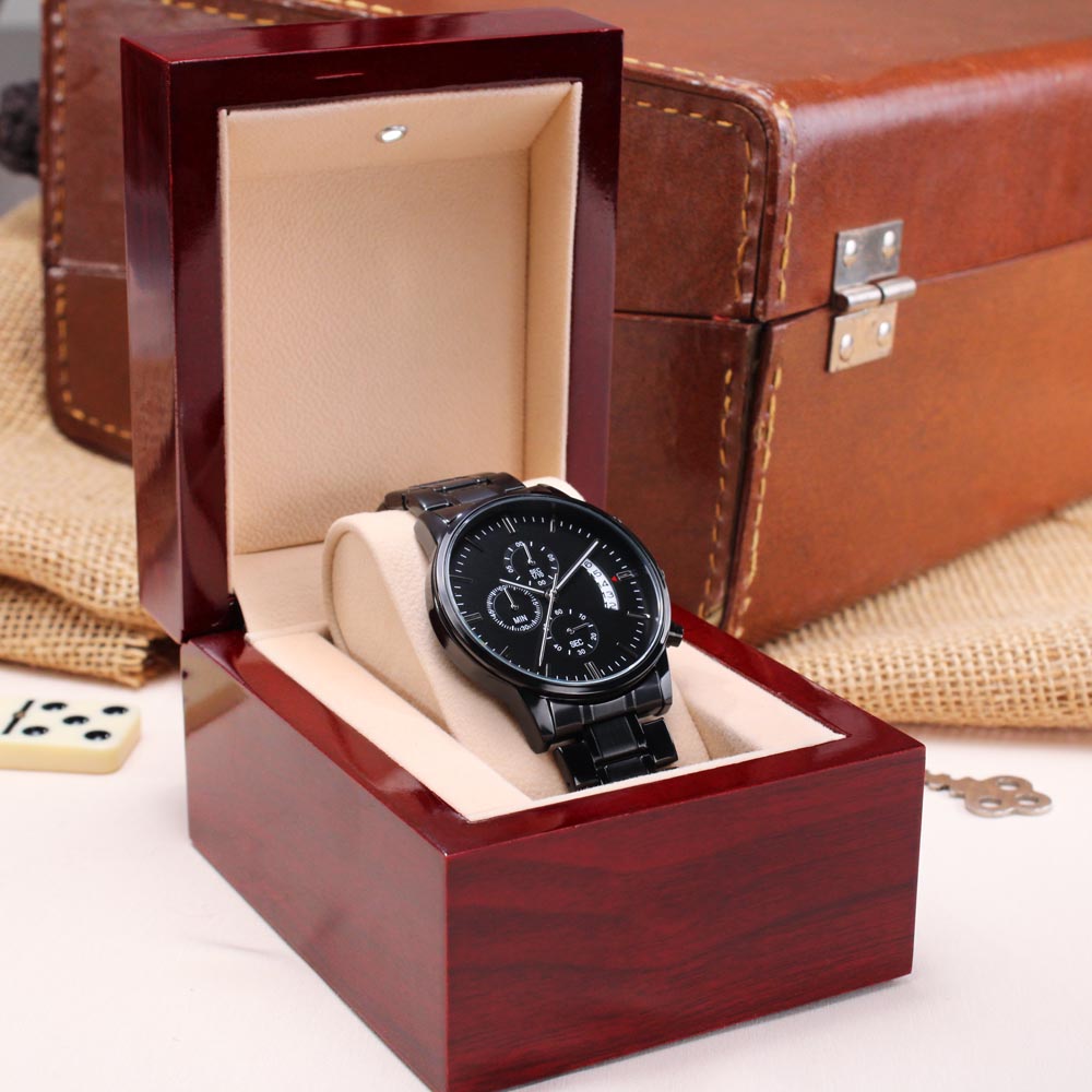 Engraved Design Black Chronograph Watch, To Son, Life Is Filled Wit Hard Times And Good Times