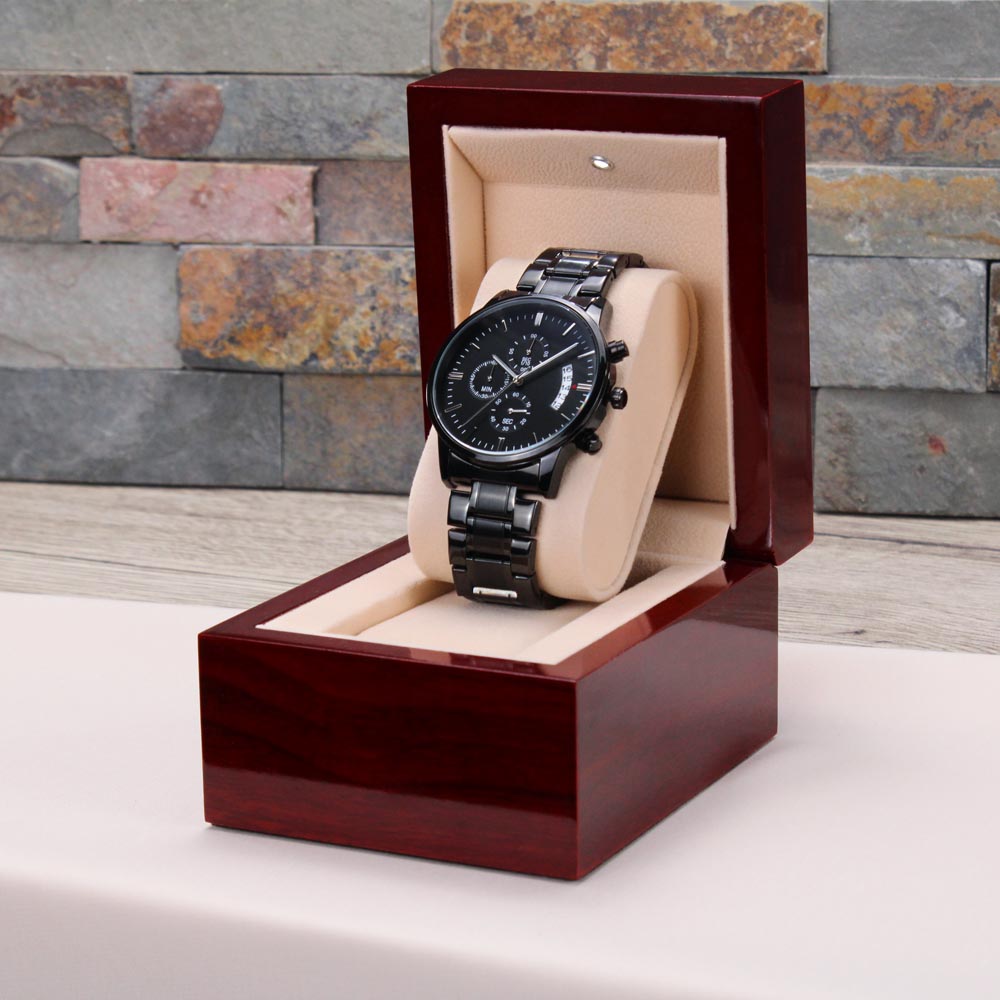 Engraved Design Black Chronograph Watch, To Husband, You Make Me So Proud To Be Your Wife