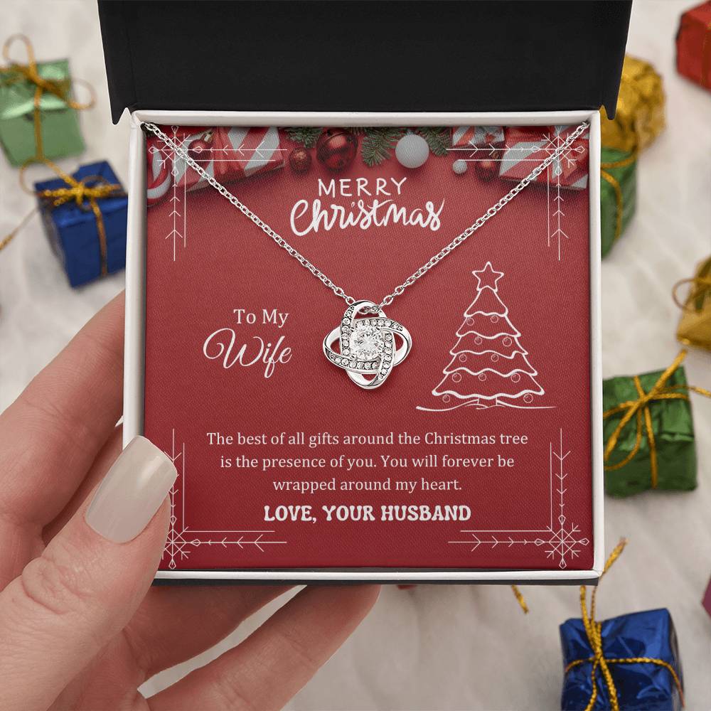 The best of all gifts around the Christmas tree is the presence of you, Love Knot Necklace