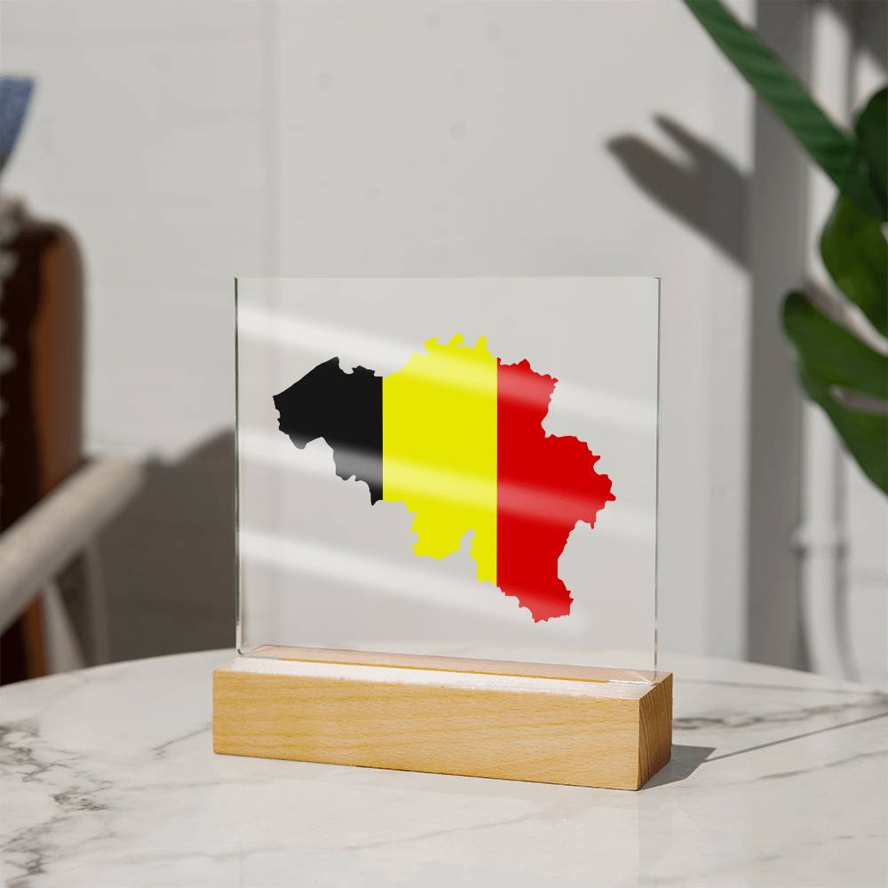 MAP WITH FLAG OF BELGIUM - SQUARE ACRYLIC PLAQUE