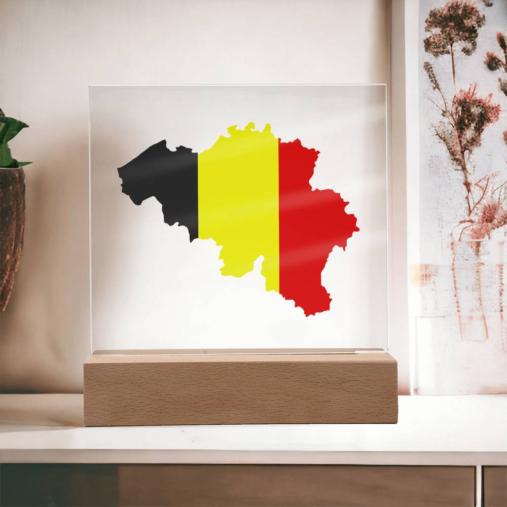 MAP WITH FLAG OF BELGIUM - SQUARE ACRYLIC PLAQUE