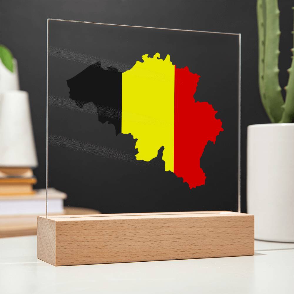 MAP WITH FLAG OF BELGIUM - SQUARE ACRYLIC PLAQUE