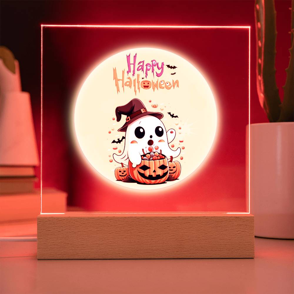 Happy Halloween - A cute Halloween ghost carrying a pumpkin filled with Halloween candy