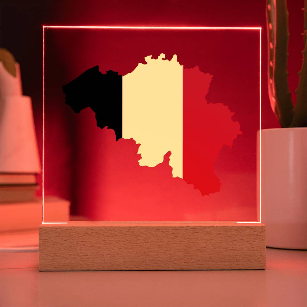 MAP WITH FLAG OF BELGIUM - SQUARE ACRYLIC PLAQUE