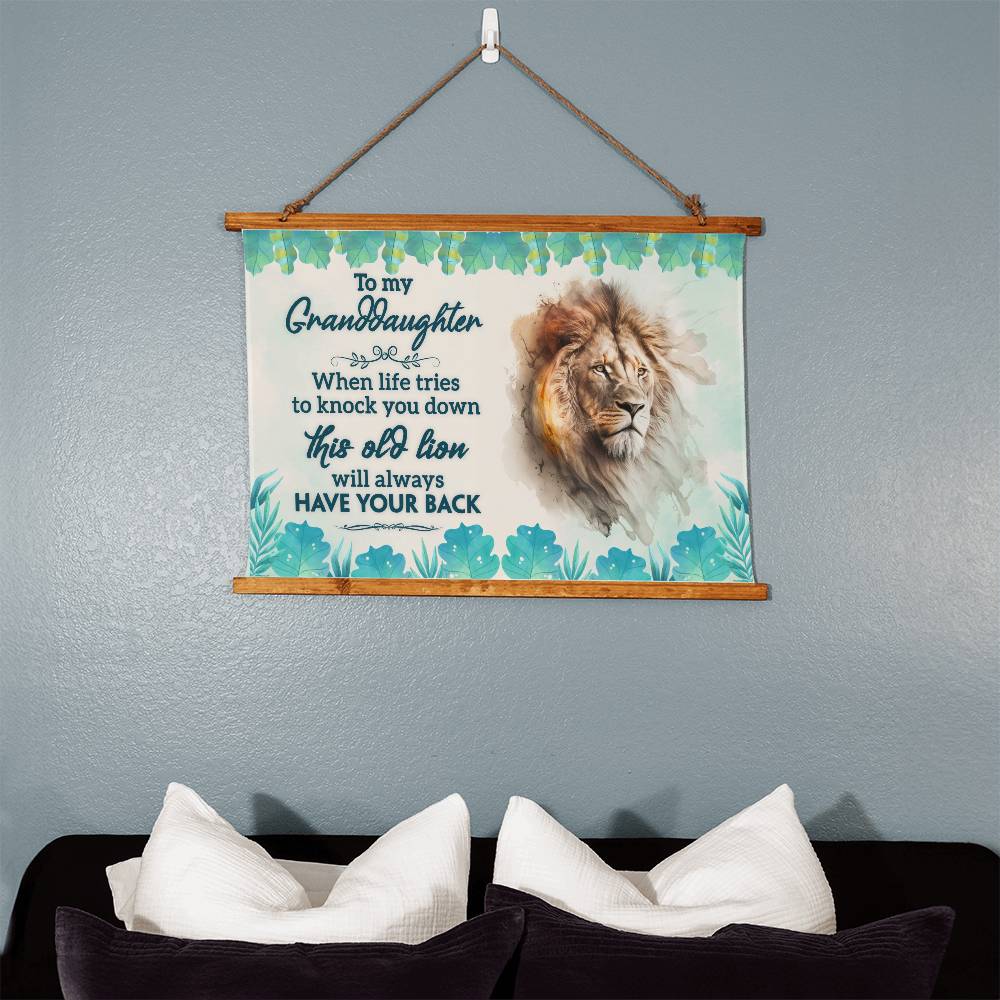 Wood Framed Wall Tapestry Landscape, When Life Tries To Knock You Down, This Old Lion Will Always Have Your Back