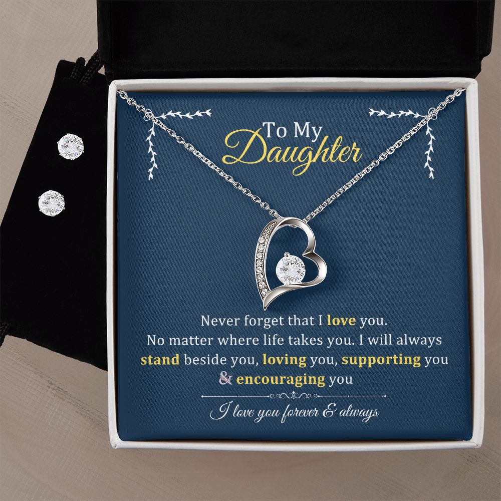 Forever Love Necklace + Clear CZ Earrings - To My Daughter Gift From Parents