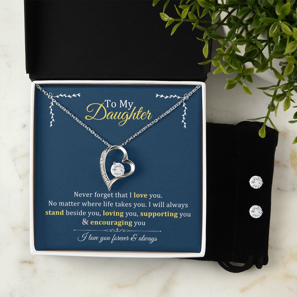 Forever Love Necklace + Clear CZ Earrings - To My Daughter Gift From Parents