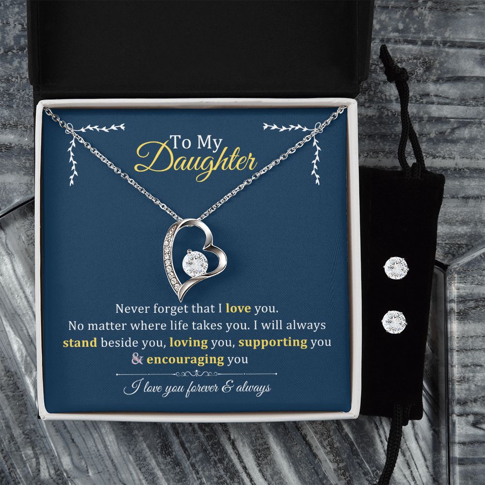 Forever Love Necklace + Clear CZ Earrings - To My Daughter Gift From Parents