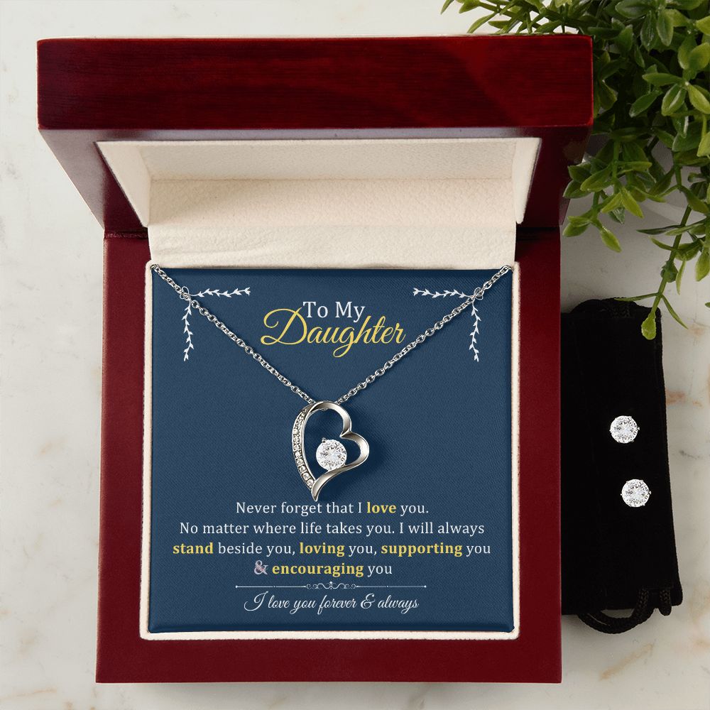 Forever Love Necklace + Clear CZ Earrings - To My Daughter Gift From Parents